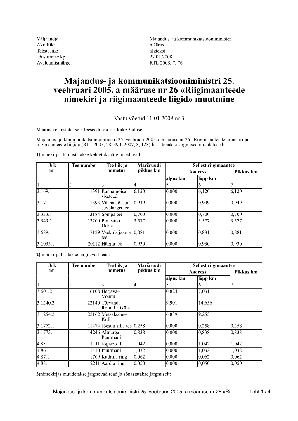 Ja Kommunikatsiooniministri 25. Veebruari 2005. a Määruse Nr 26 «Riigimaanteede Nimekiri Ja Riigimaanteede Liigid» Muutmine