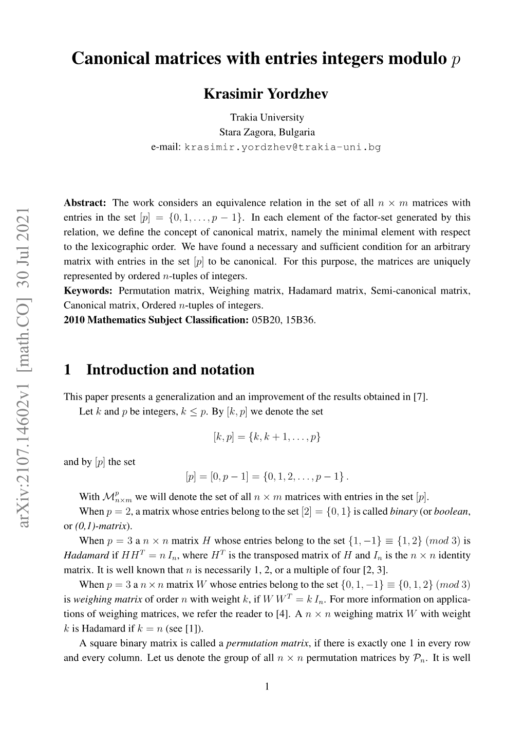 Canonical Matrices with Entries Integers Modulo P