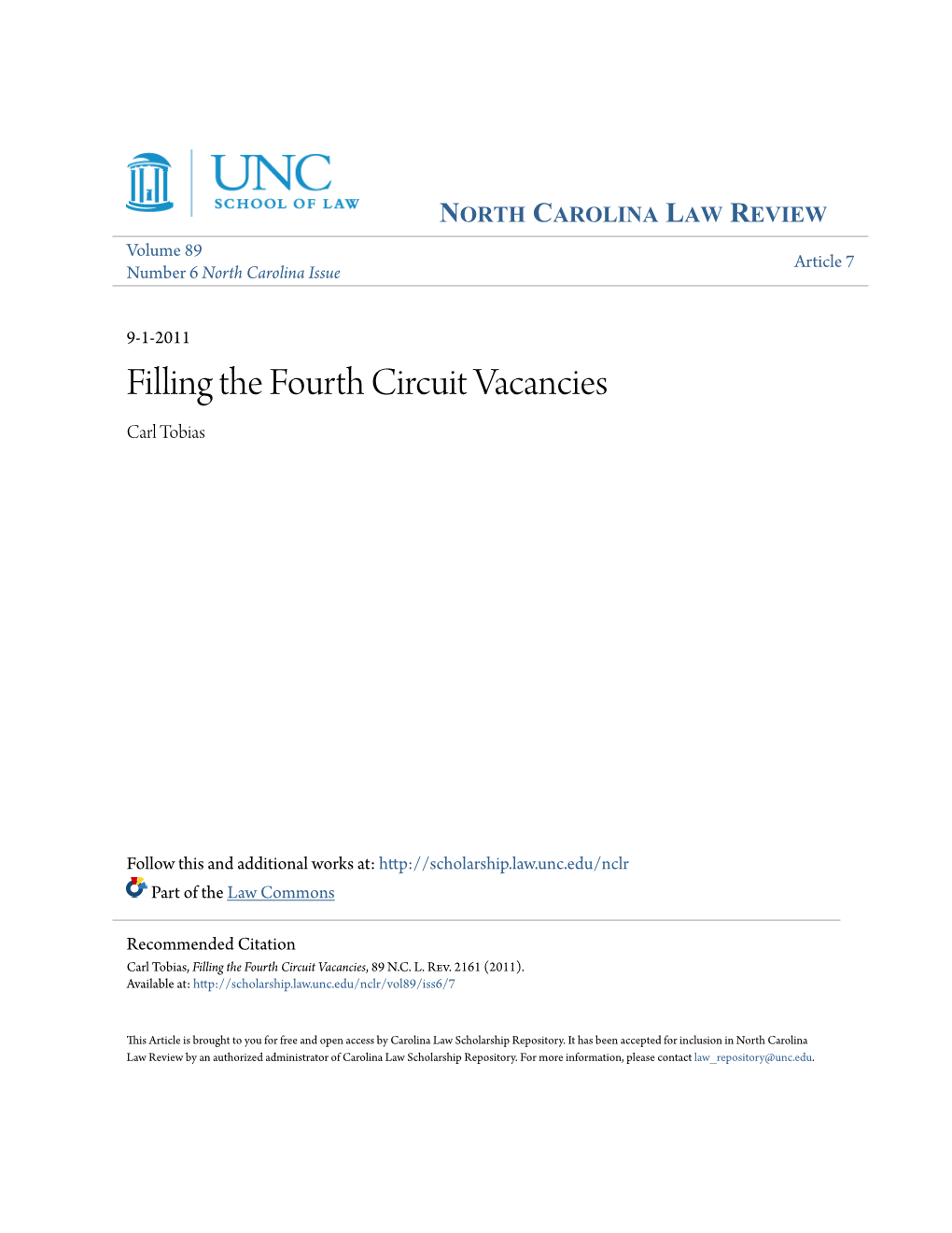 Filling the Fourth Circuit Vacancies Carl Tobias