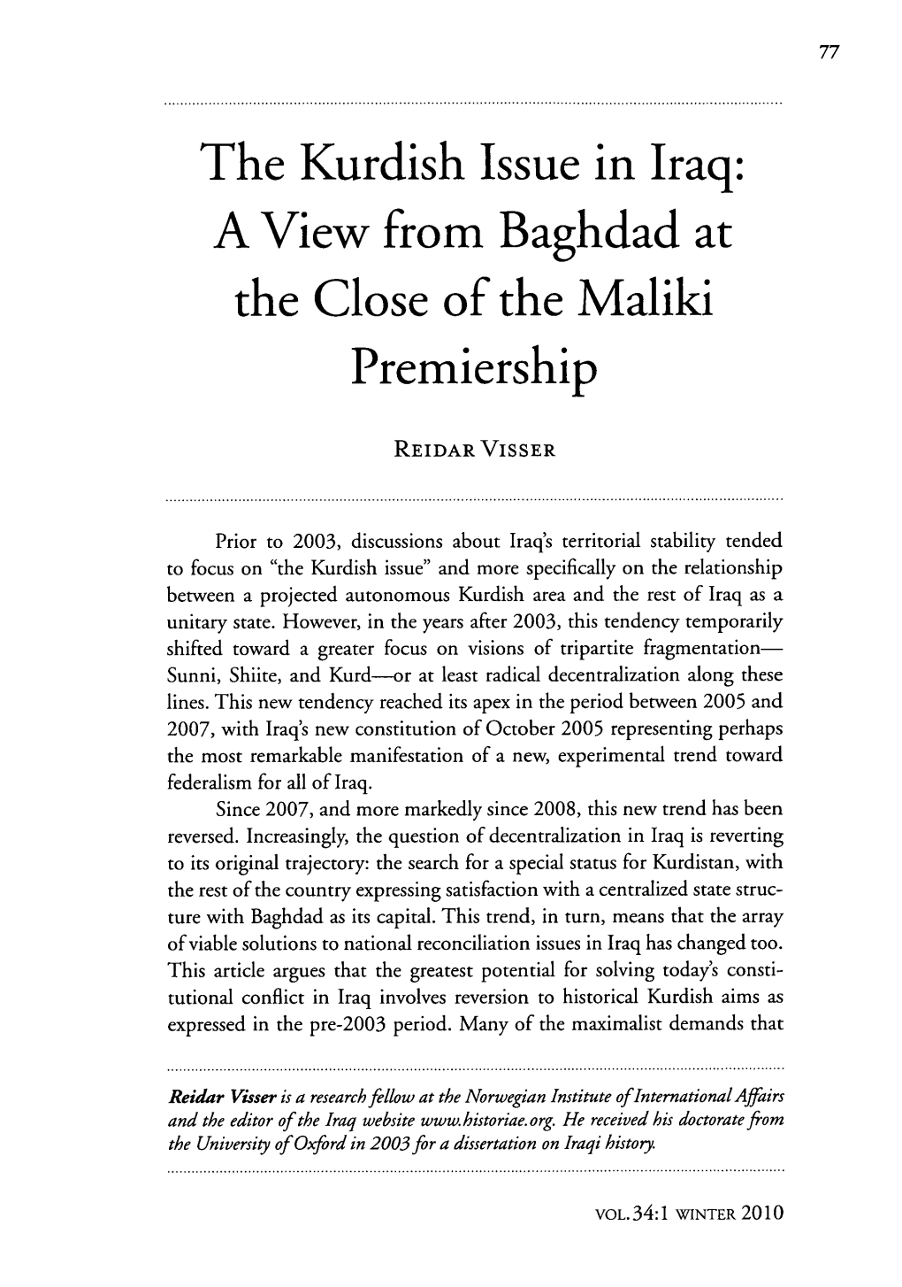 Kurdish Issue in Iraq: a View from Baghdad at the Close of the Maliki Premiership