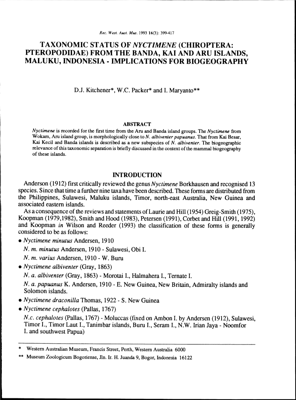 Taxonomic Status of Nyctimene (Chiroptera: Pteropodidae) from the Banda, Kai and Aru Islands, Maluku, Indonesia - Implications for Biogeography