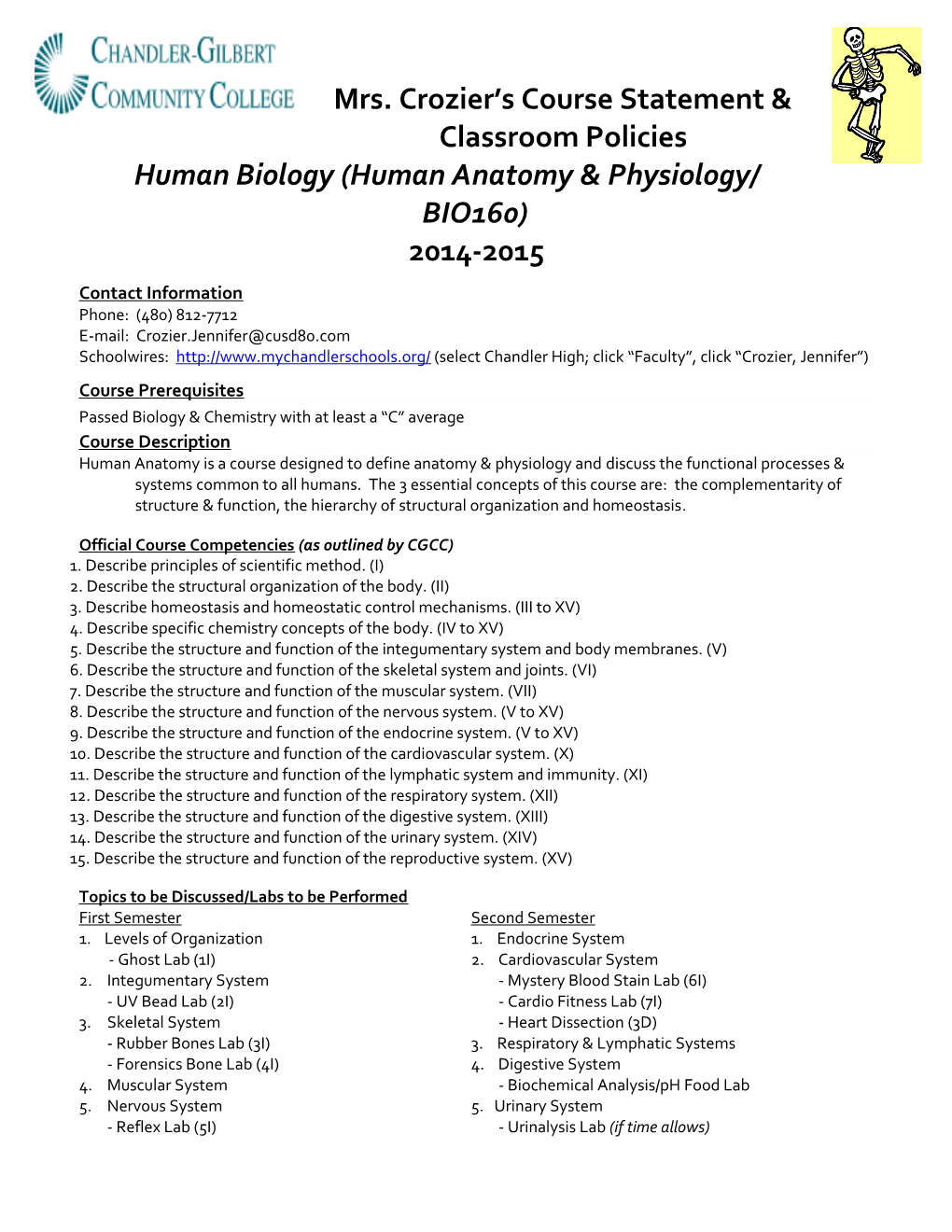 Mrs. Crozier S Course Statement & Classroom Policies Human Biology(Human Anatomy & Physiology