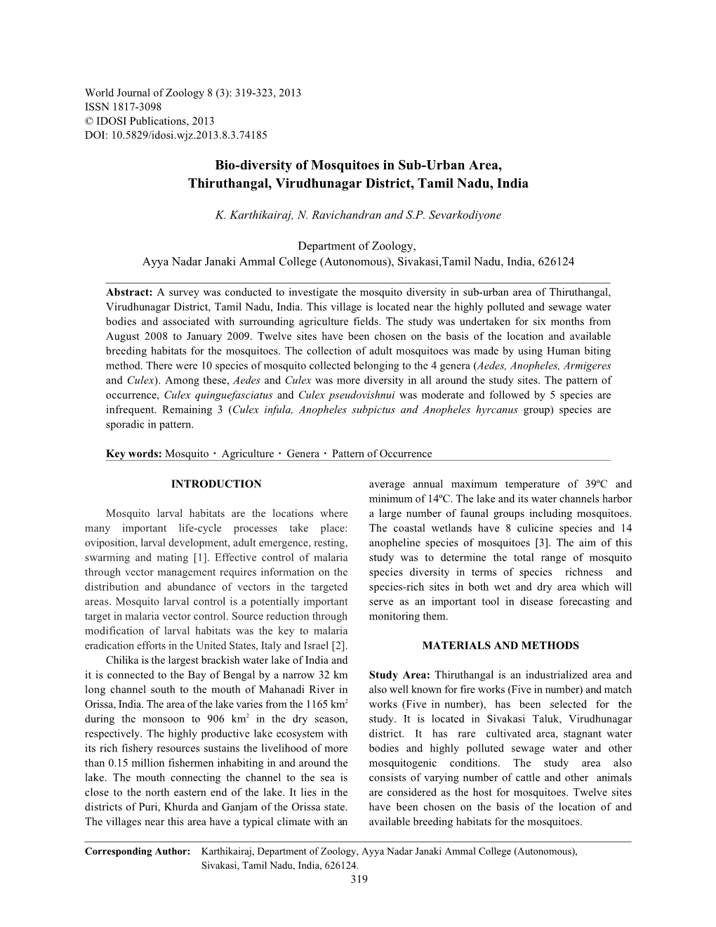 Bio-Diversity of Mosquitoes in Sub-Urban Area, Thiruthangal, Virudhunagar District, Tamil Nadu, India