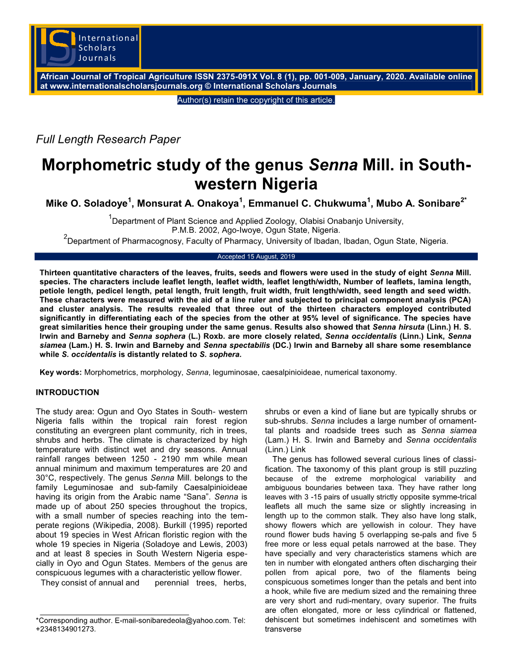 Morphometric Study of the Genus Senna Mill. in South- Western Nigeria