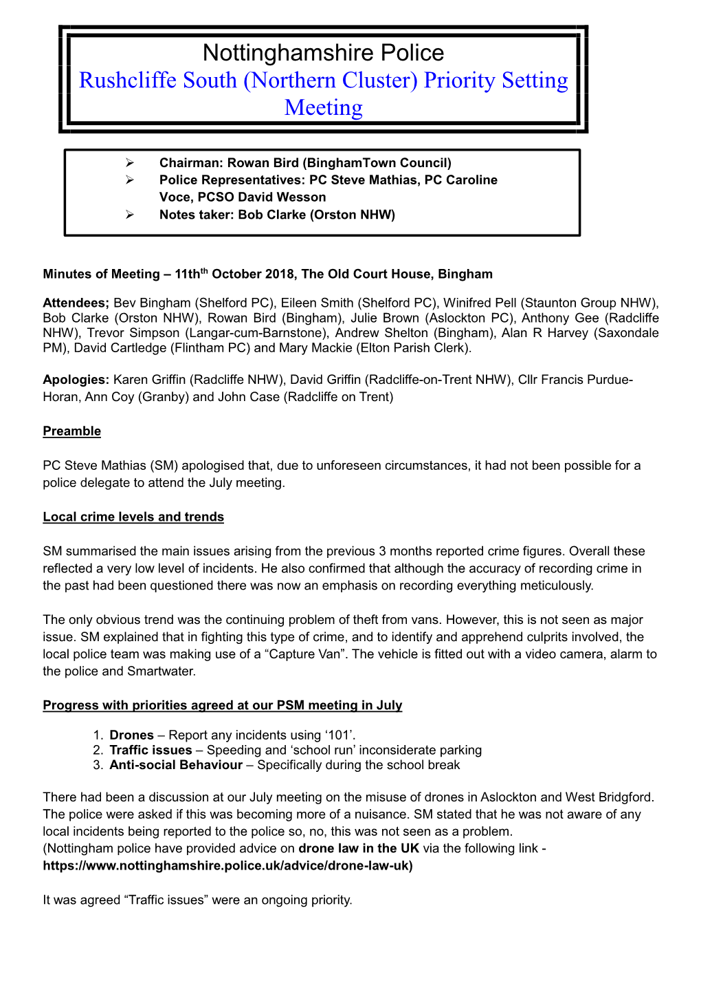 Nottinghamshire Police Rushcliffe South (Northern Cluster) Priority Setting Meeting