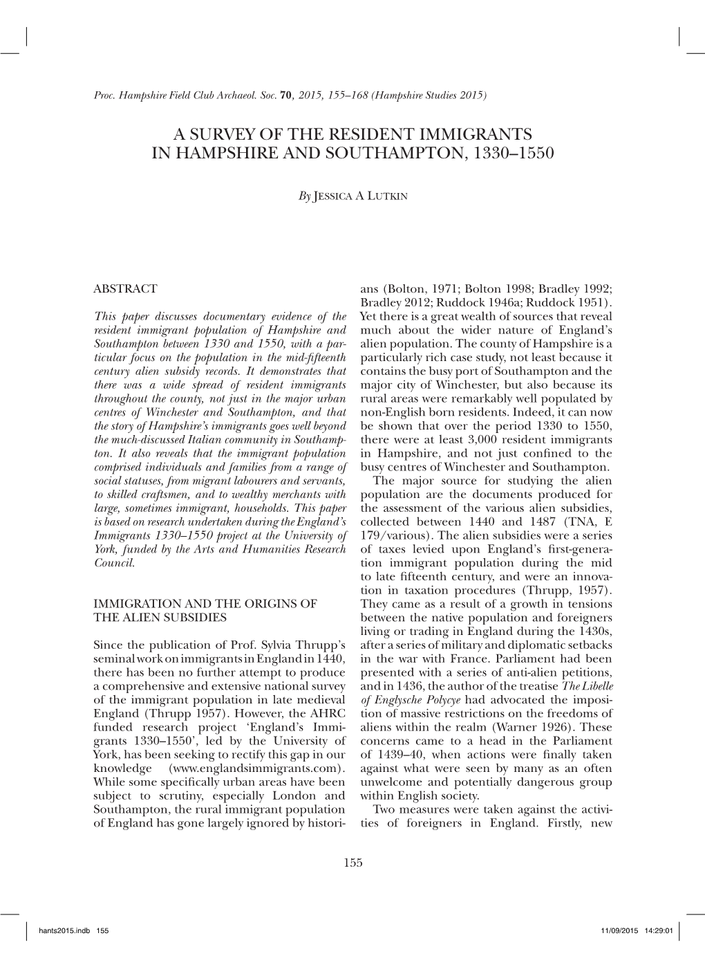 A Survey of the Resident Immigrants in Hampshire and Southampton, 1330–1550