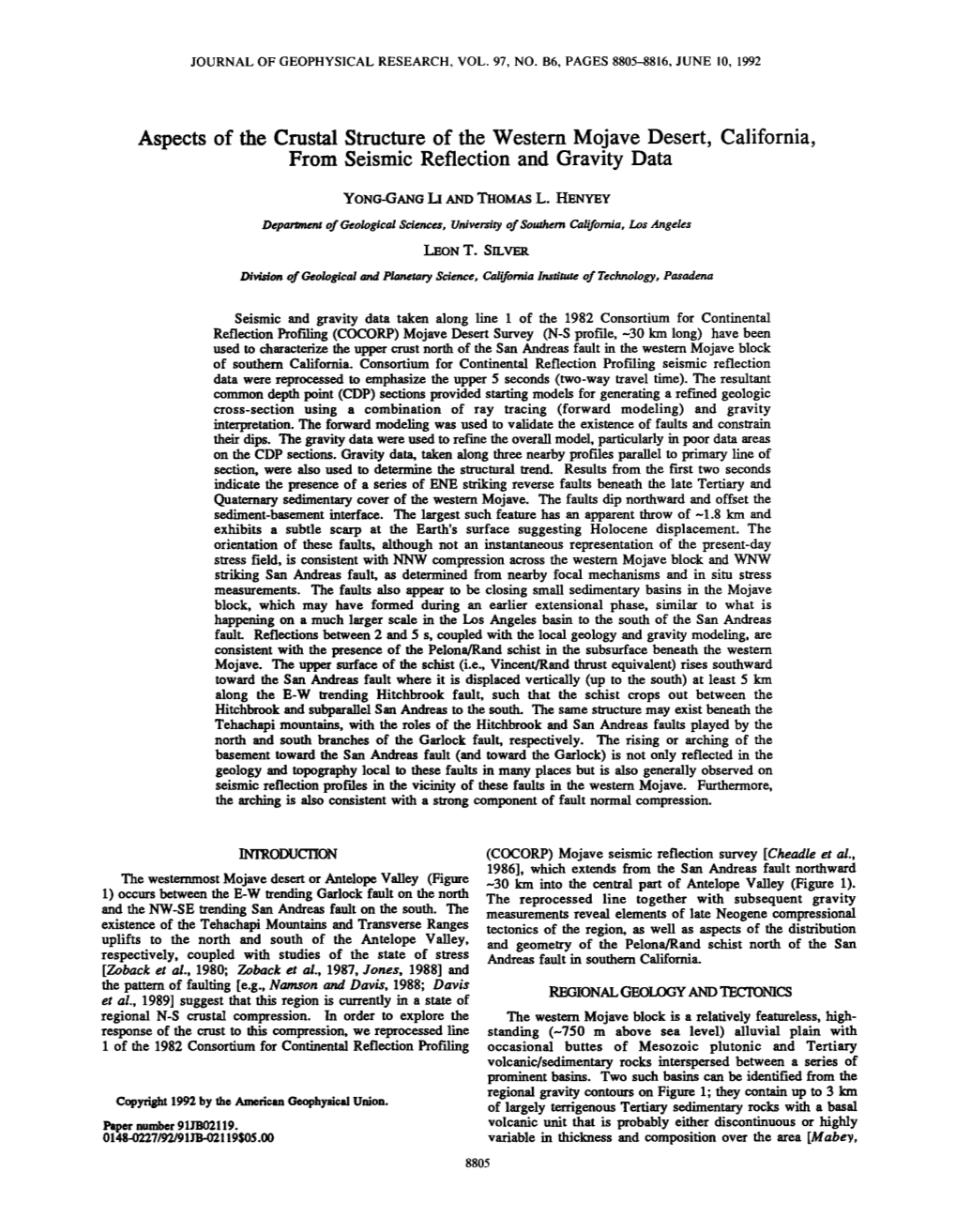 Aspects of the Crustal Structure of the Western Mojave Desert, California, from Seismic Reflection and Gravity Data