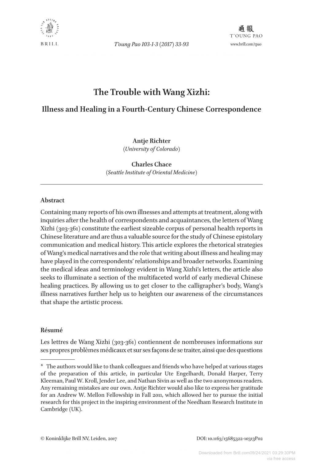 The Trouble with Wang Xizhi: Illness and Healing in a Fourth-Century Chinese Correspondence