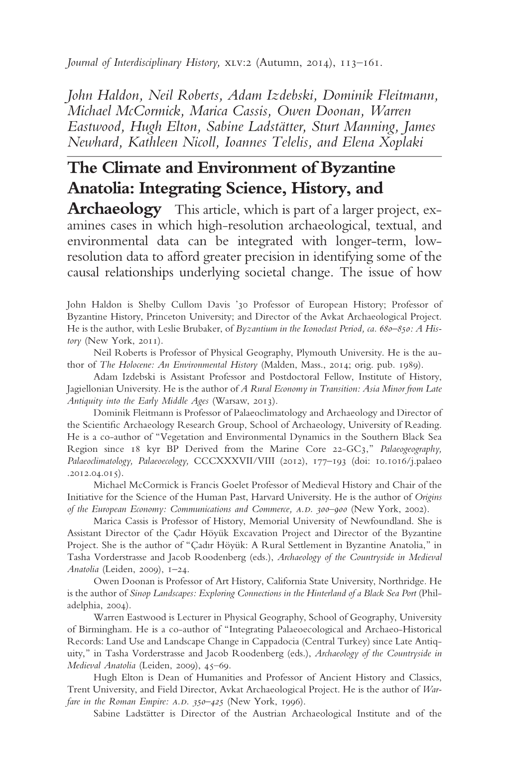 The Climate and Environment of Byzantine Anatolia: Integrating Science, History