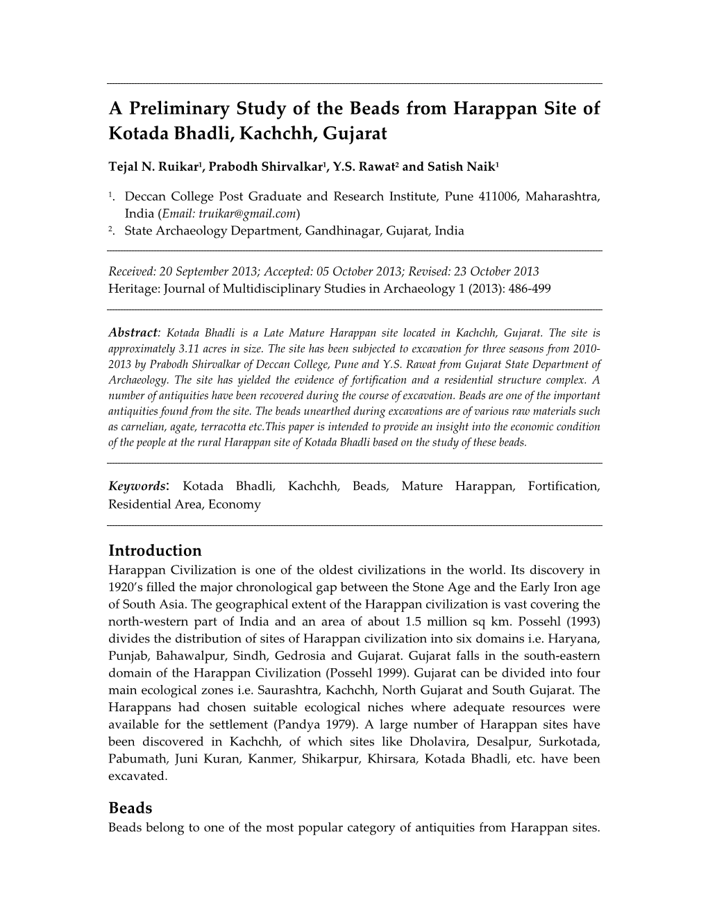 A Preliminary Study of the Beads from Harappan Site of Kotada Bhadli, Kachchh, Gujarat