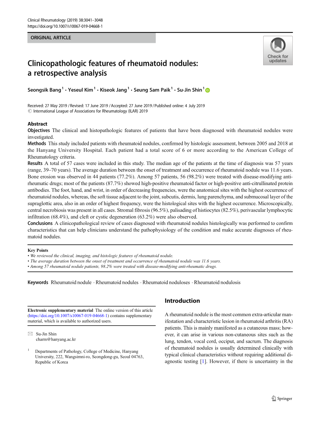 Clinicopathologic Features of Rheumatoid Nodules: a Retrospective Analysis