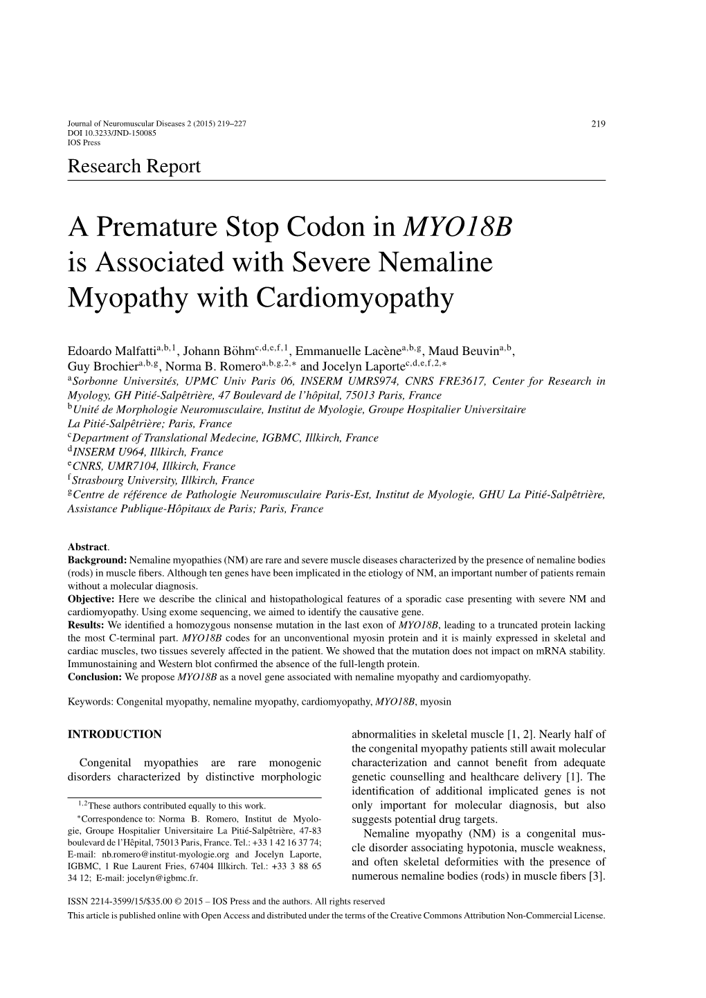 A Premature Stop Codon in MYO18B Is Associated with Severe Nemaline Myopathy with Cardiomyopathy