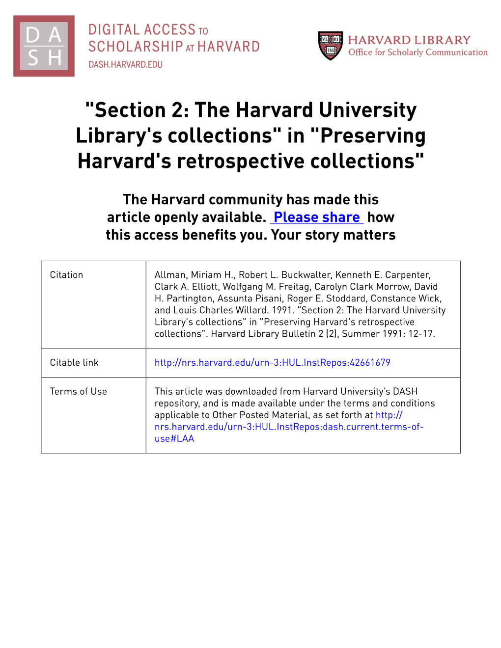 "Section 2: the Harvard University Library's Collections" in "Preserving Harvard's Retrospective Collections"