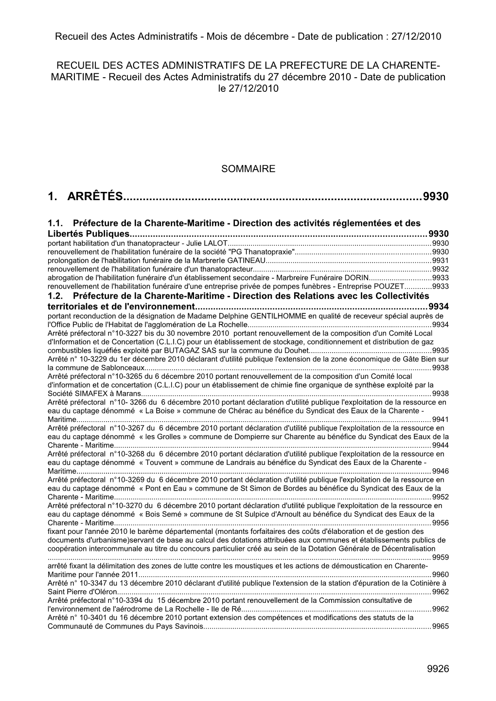 Recueil Des Actes Administratifs - Mois De Décembre - Date De Publication : 27/12/2010