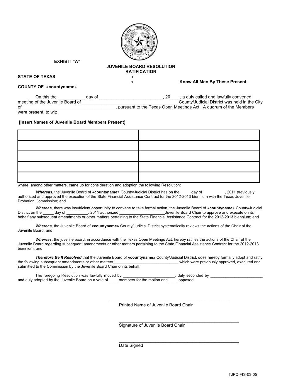 TJPC-FIS-03-05 State Financial Assistance Ratification Sample