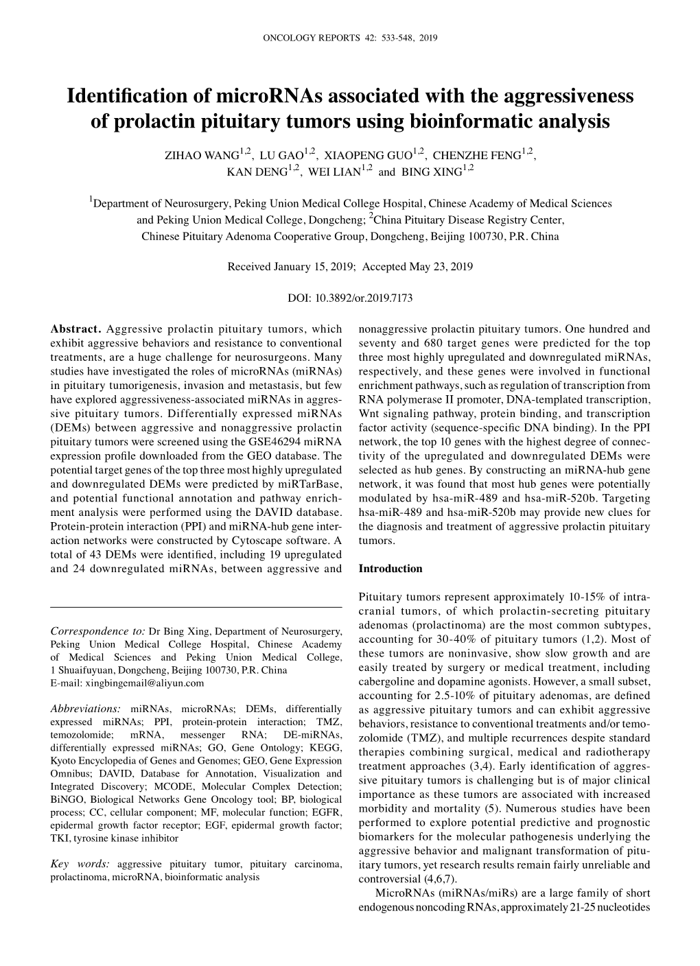 Identification of Micrornas Associated with the Aggressiveness of Prolactin Pituitary Tumors Using Bioinformatic Analysis