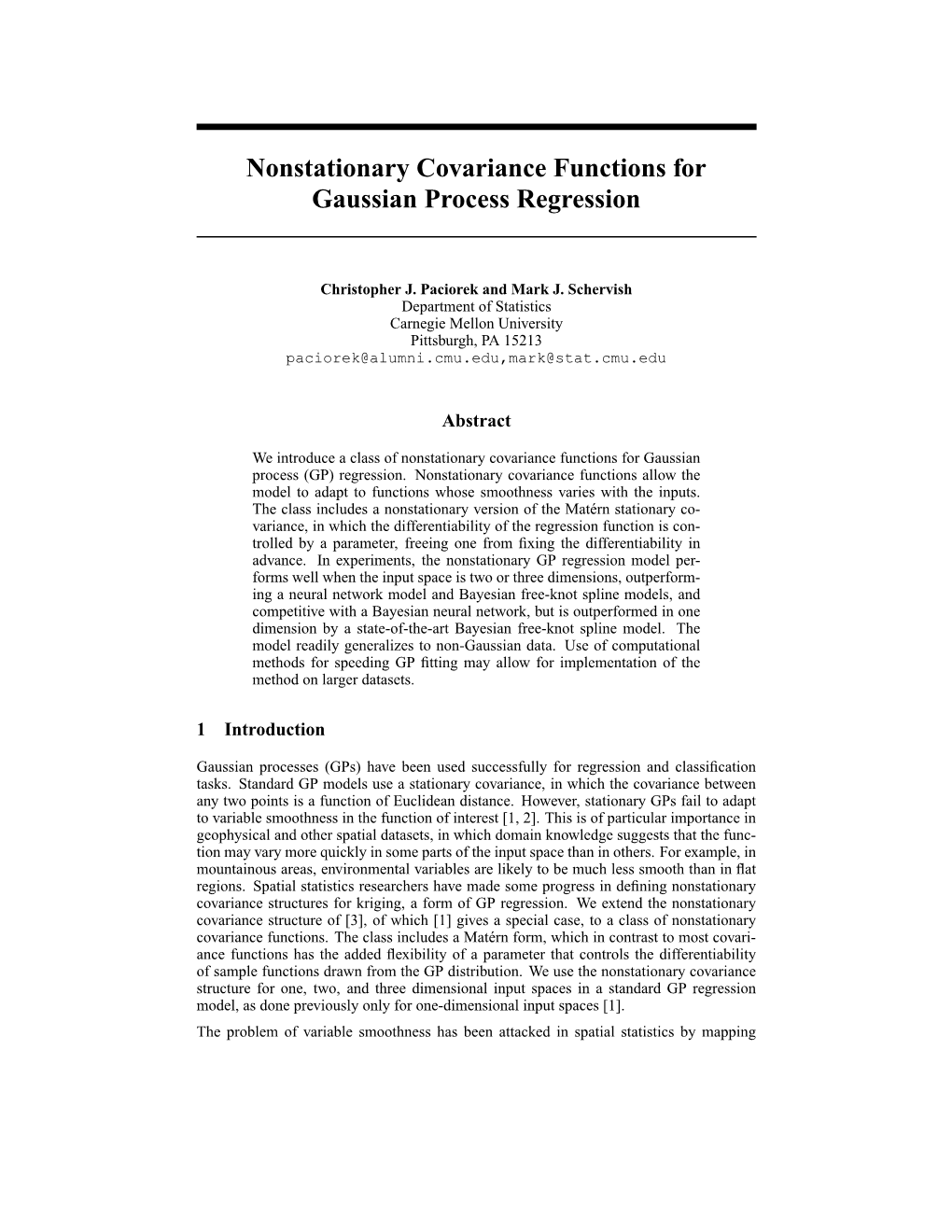 Nonstationary Covariance Functions for Gaussian Process Regression