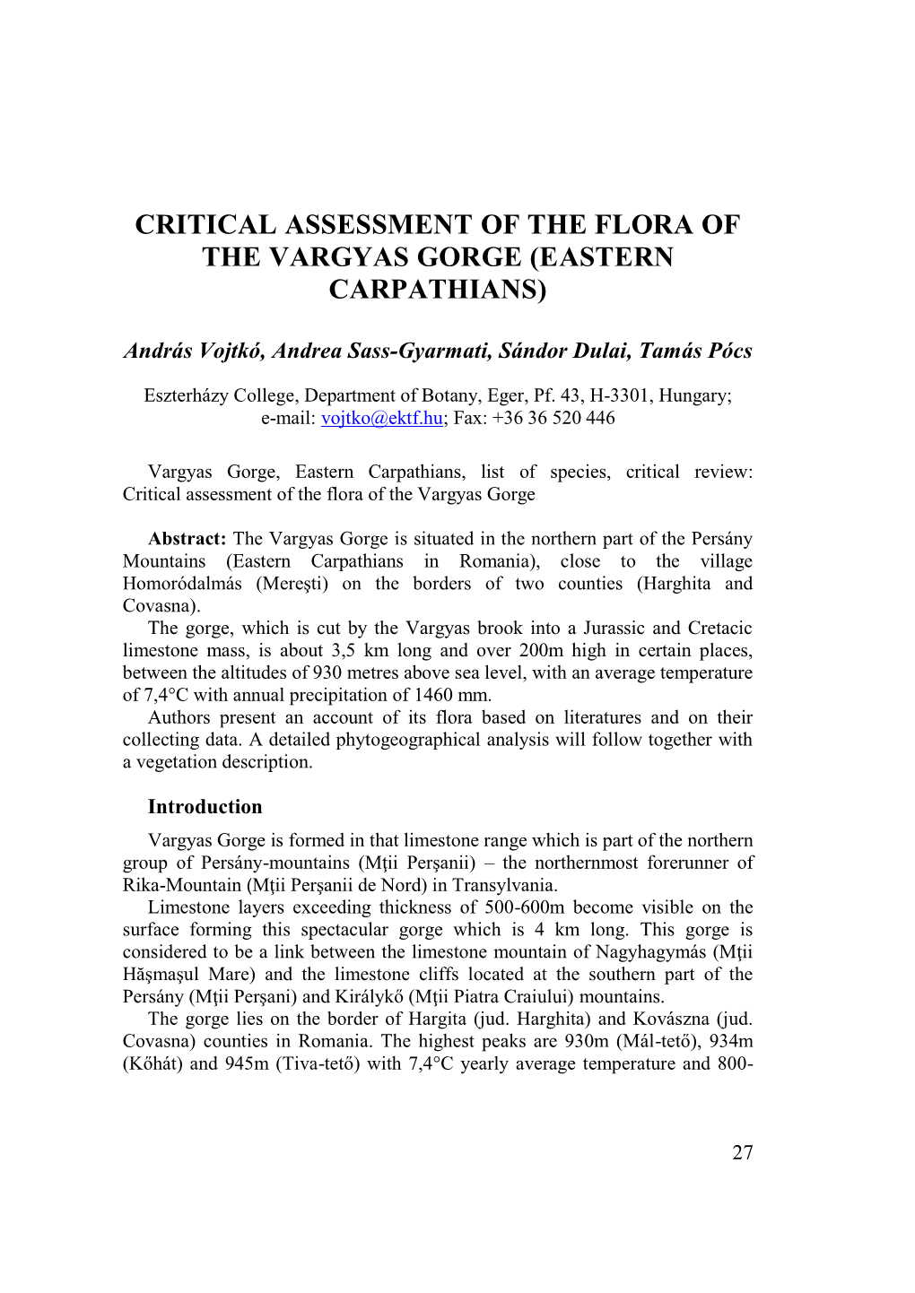 Critical Assessment of the Flora of the Vargyas Gorge (Eastern Carpathians)
