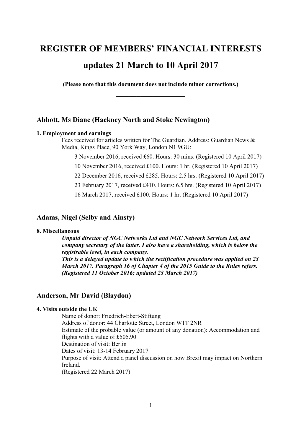 REGISTER of MEMBERS' FINANCIAL INTERESTS Updates