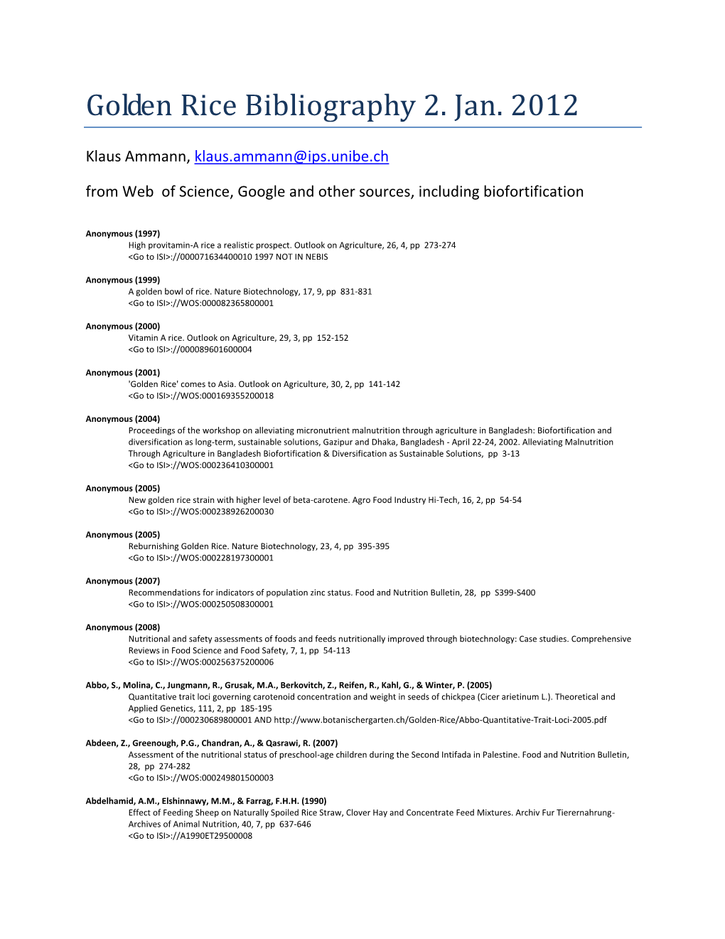 Golden Rice Bibliography 2. Jan. 2012