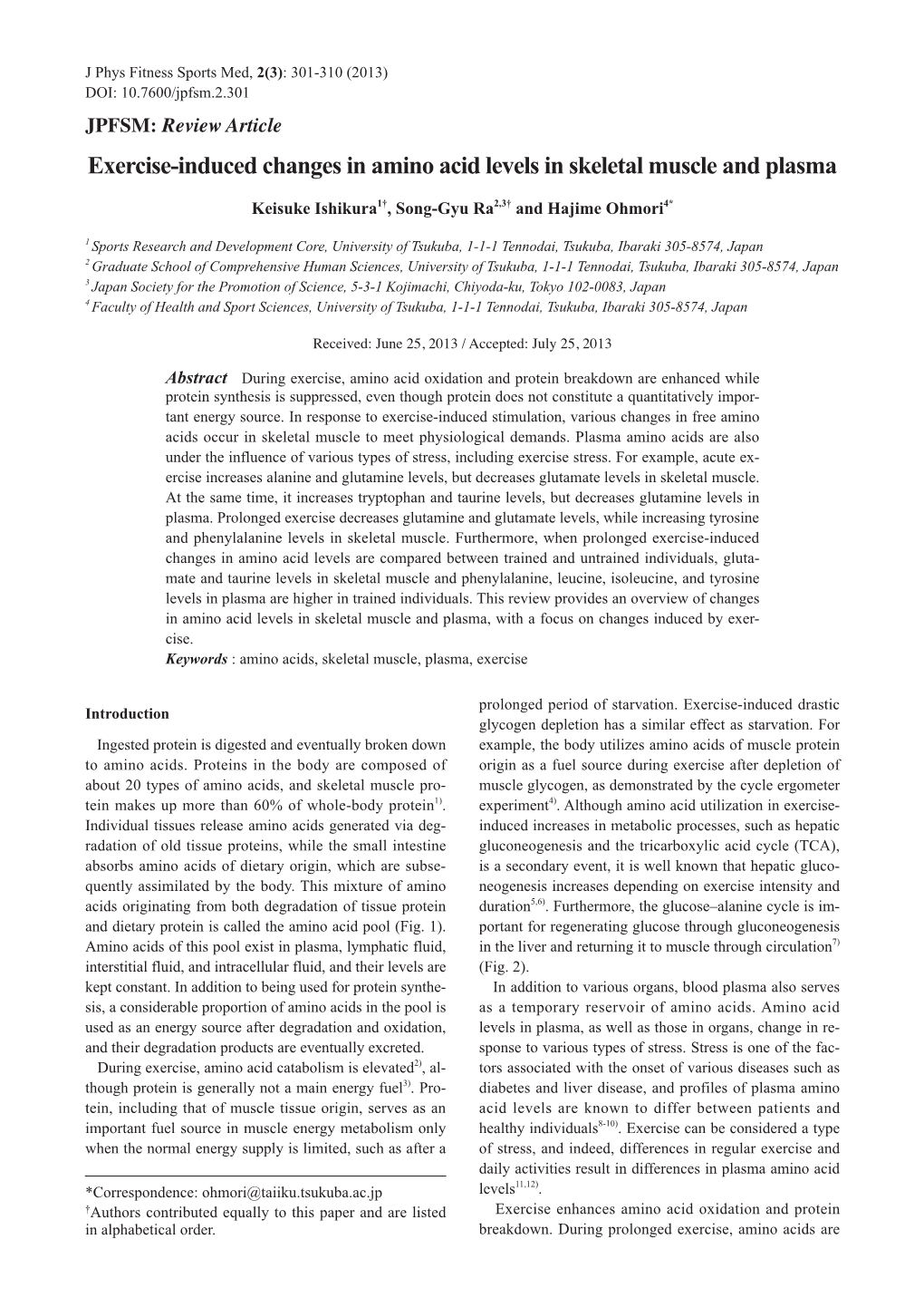 Exercise-Induced Changes in Amino Acid Levels in Skeletal Muscle and Plasma