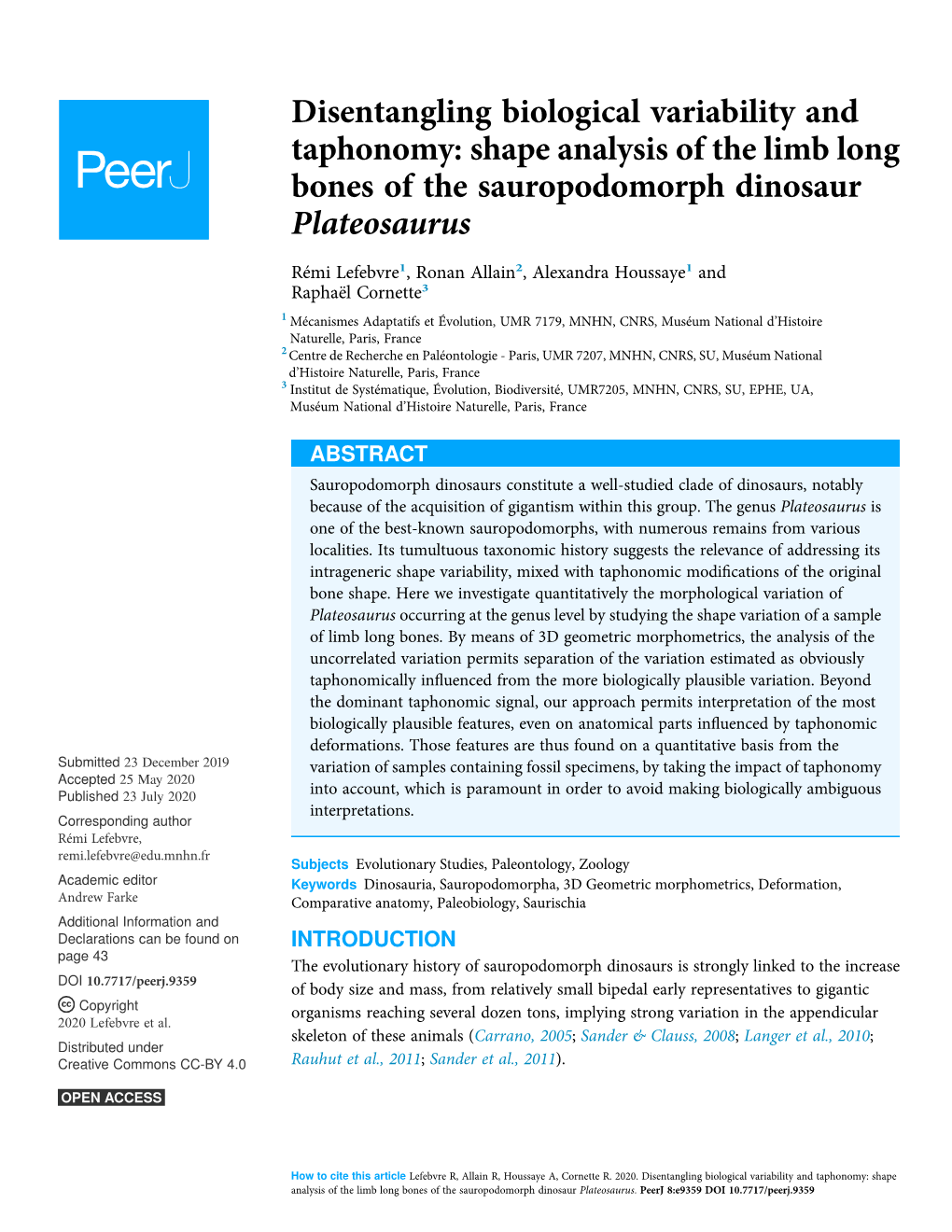 Shape Analysis of the Limb Long Bones of the Sauropodomorph Dinosaur Plateosaurus