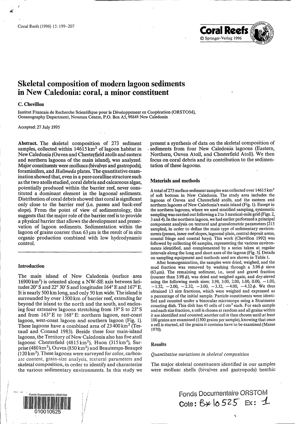 Skeletal Composition of Modern Lagoon Sediments in New Caledonia: Coral, a Minor Constituent C