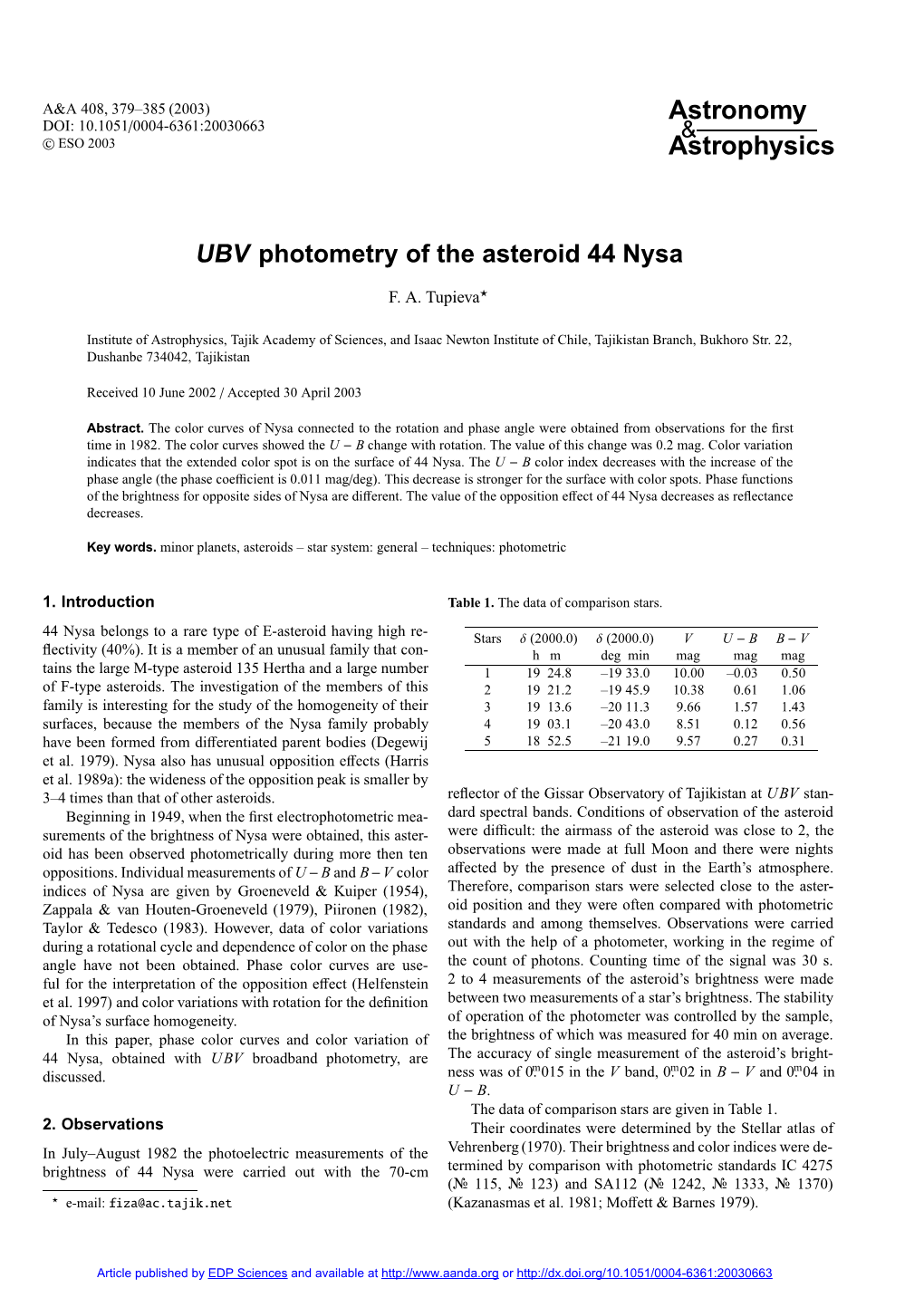 UBV Photometry of the Asteroid 44 Nysa