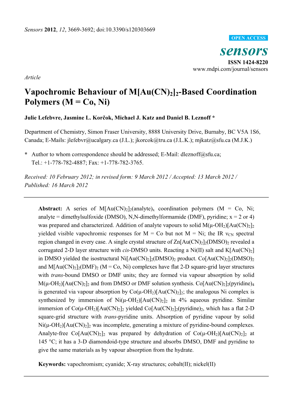 Vapochromic Behaviour of M[Au(CN)2]2-Based Coordination Polymers (M = Co, Ni)