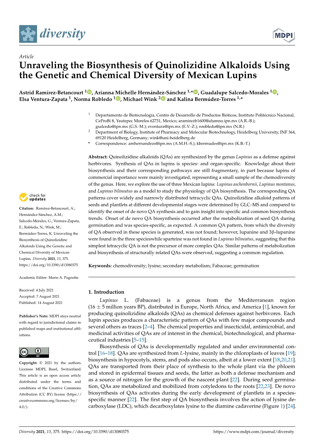 Unraveling the Biosynthesis of Quinolizidine Alkaloids Using the Genetic and Chemical Diversity of Mexican Lupins