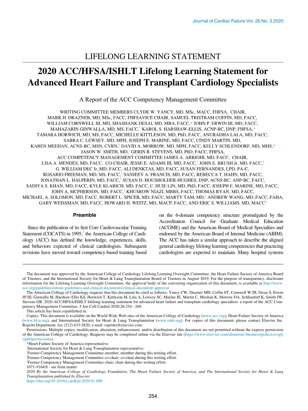 2020 ACC/HFSA/ISHLT Lifelong Learning Statement for Advanced Heart Failure and Transplant Cardiology Specialists