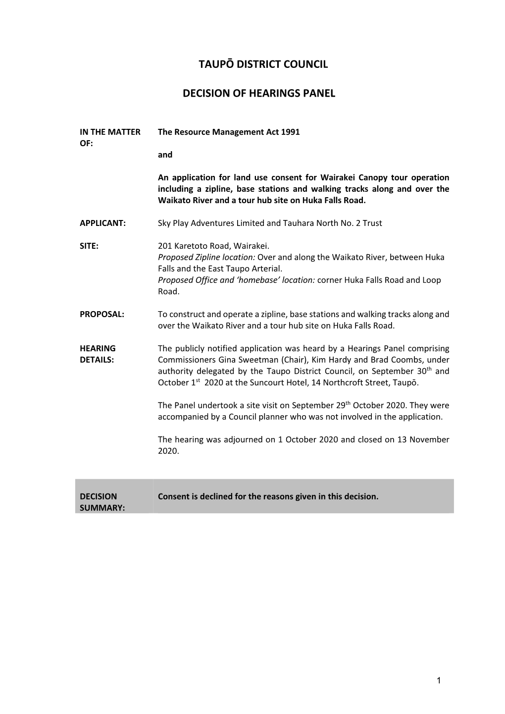 Taupō District Council Decision of Hearings Panel