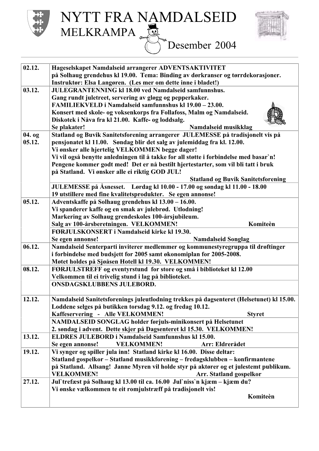 NYTT FRA NAMDALSEID MELKRAMPA Desember 2004