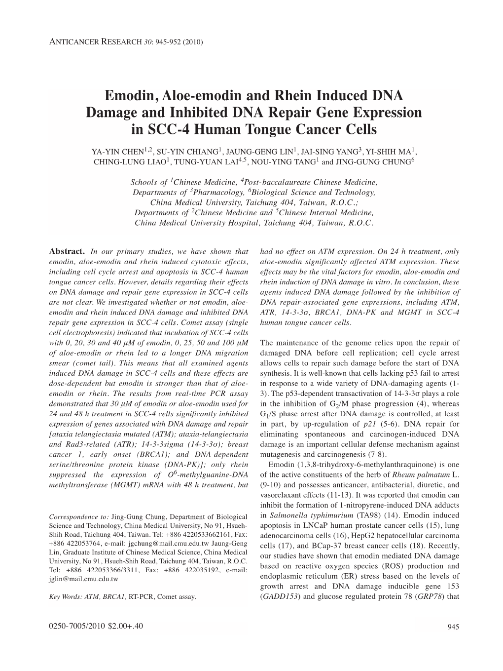Emodin, Aloe-Emodin and Rhein Induced DNA Damage and Inhibited DNA Repair Gene Expression in SCC-4 Human Tongue Cancer Cells