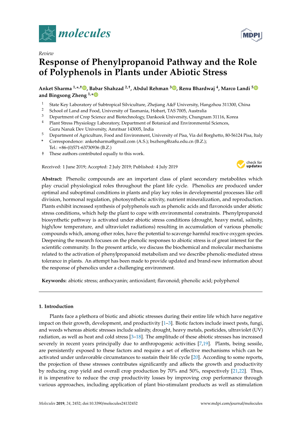 Response of Phenylpropanoid Pathway and the Role of Polyphenols in Plants Under Abiotic Stress