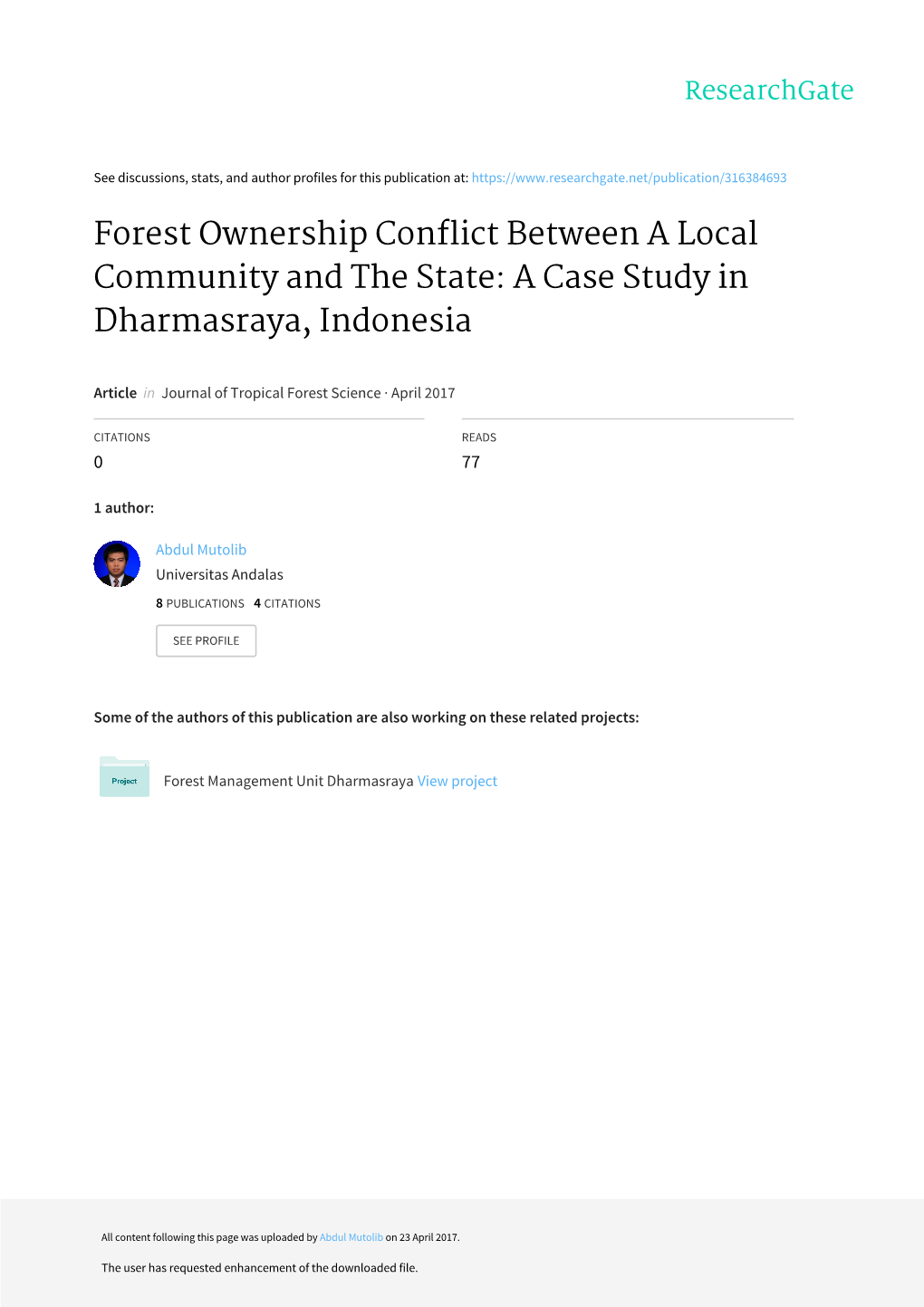 Forest Ownership Conflict Between a Local Community and the State: a Case Study in Dharmasraya, Indonesia