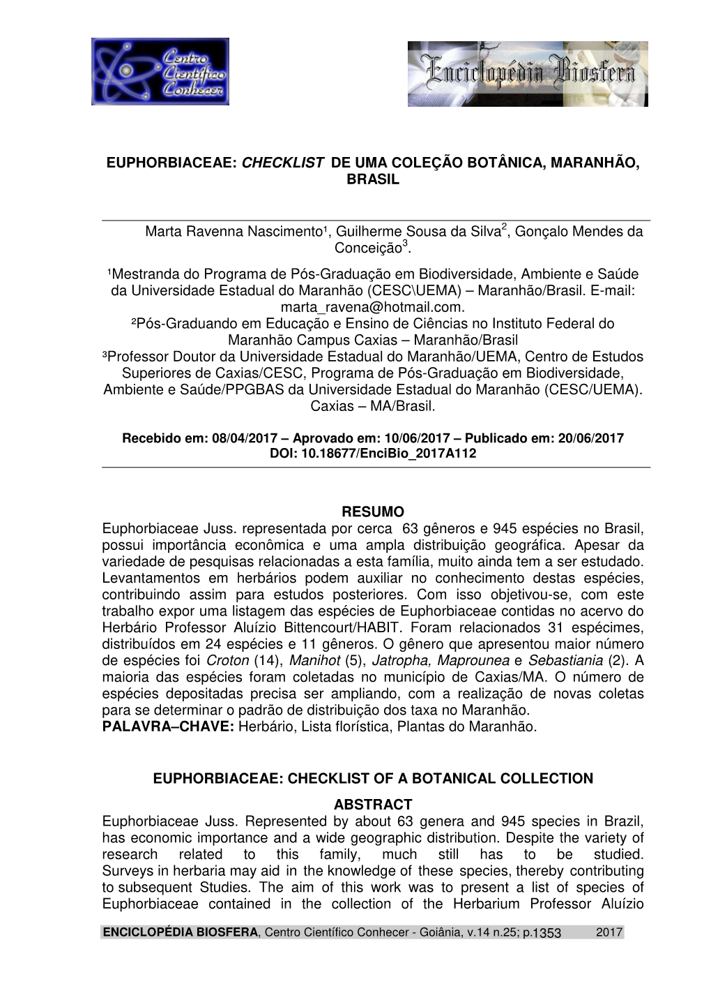 Euphorbiaceae: Checklist De Uma Coleção Botânica, Maranhão, Brasil