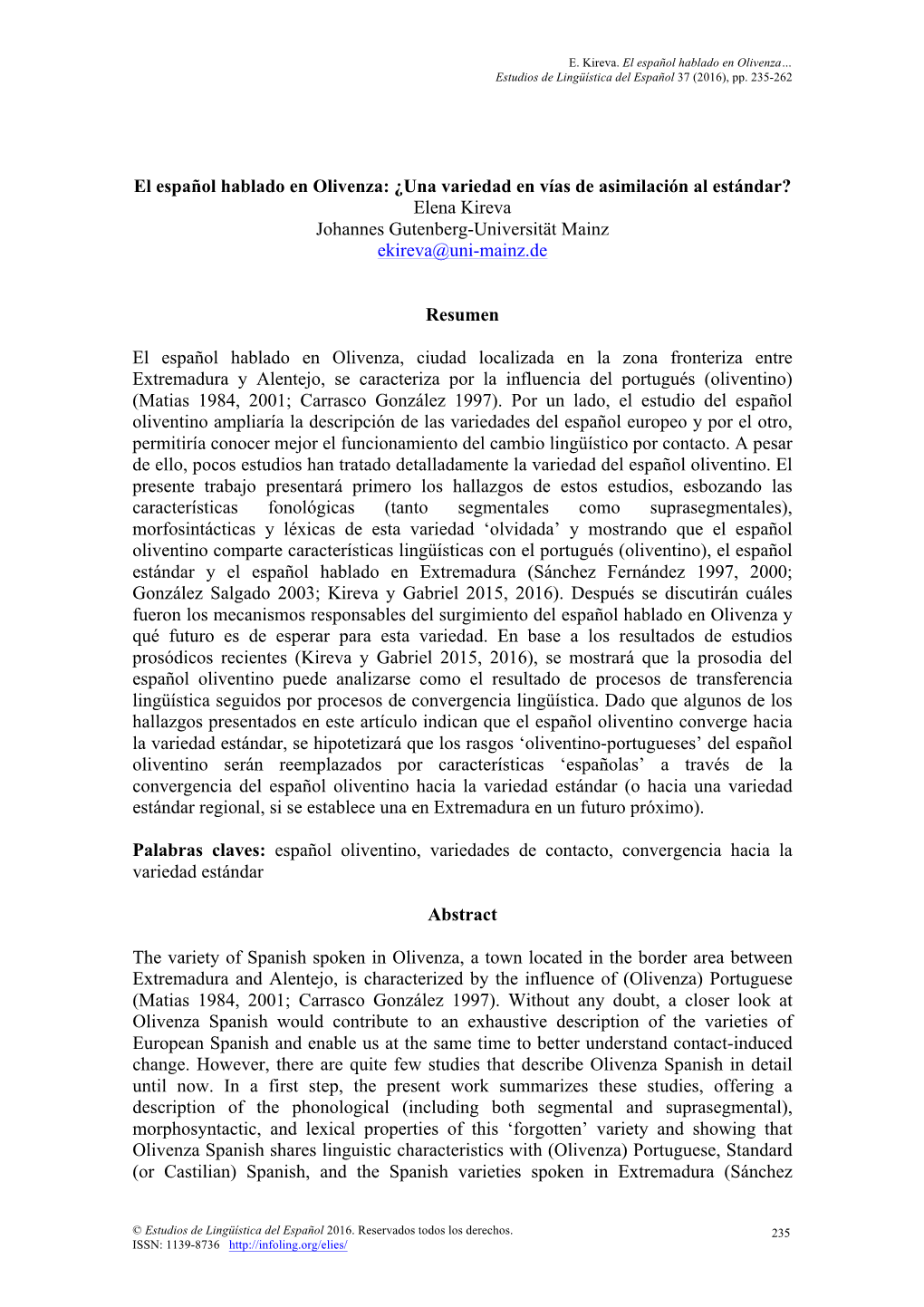 El Español Hablado En Olivenza… Estudios De Lingüística Del Español 37 (2016), Pp