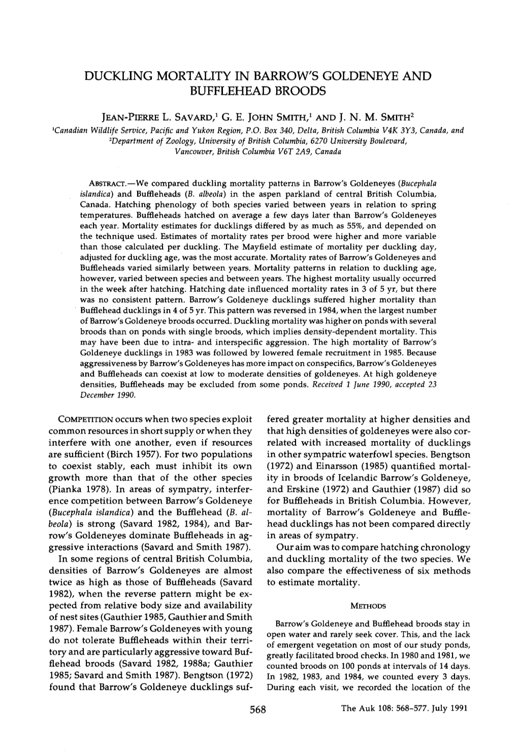 Duckling Mortality in Barrow's Goldeneye and Bufflehead Broods