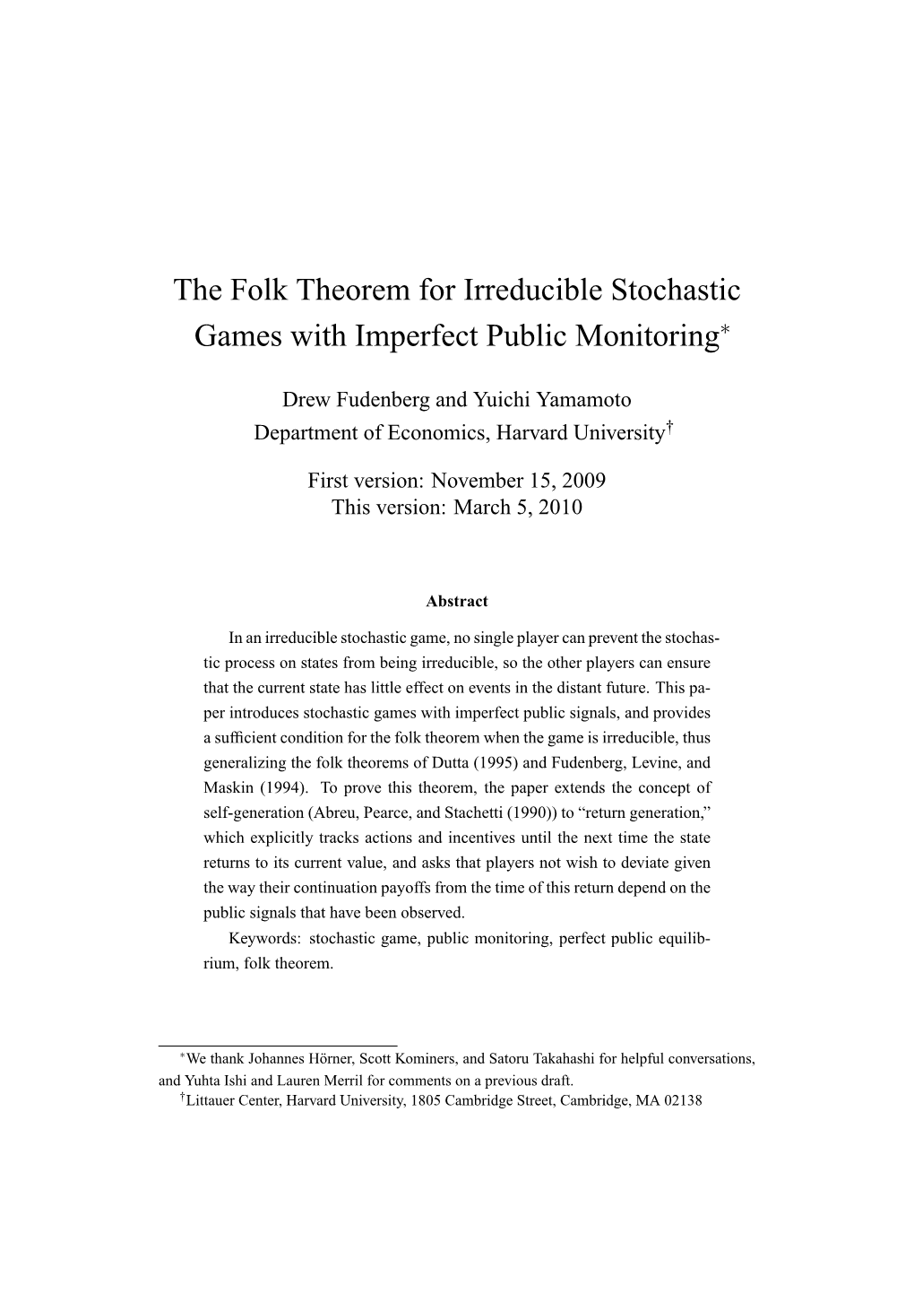 The Folk Theorem for Irreducible Stochastic Games with Imperfect Public Monitoring∗