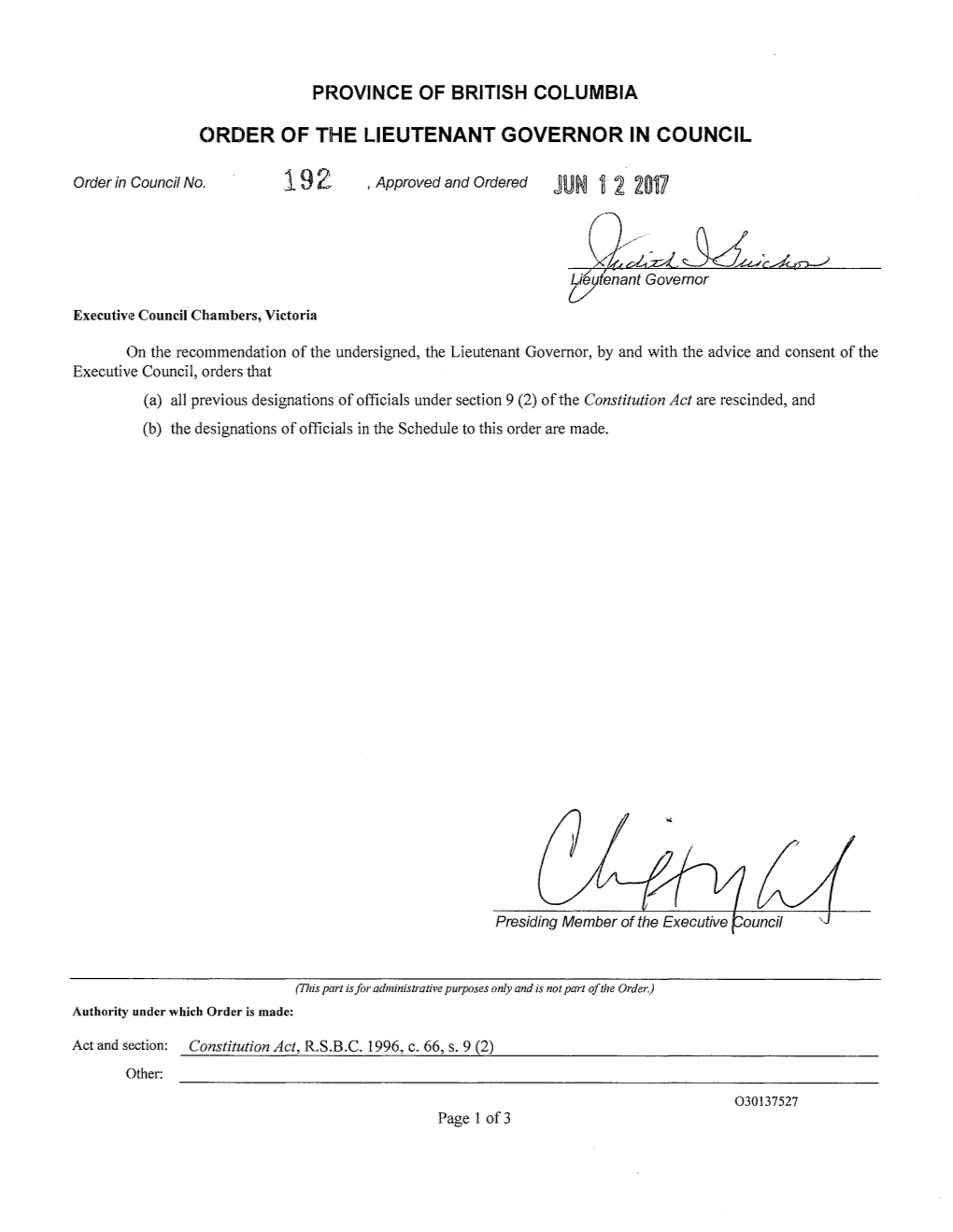 Order in Council 192/2017