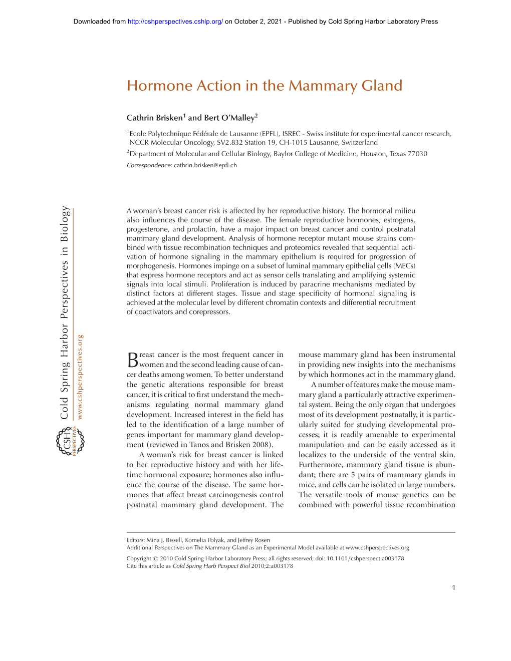 Hormone Action in the Mammary Gland