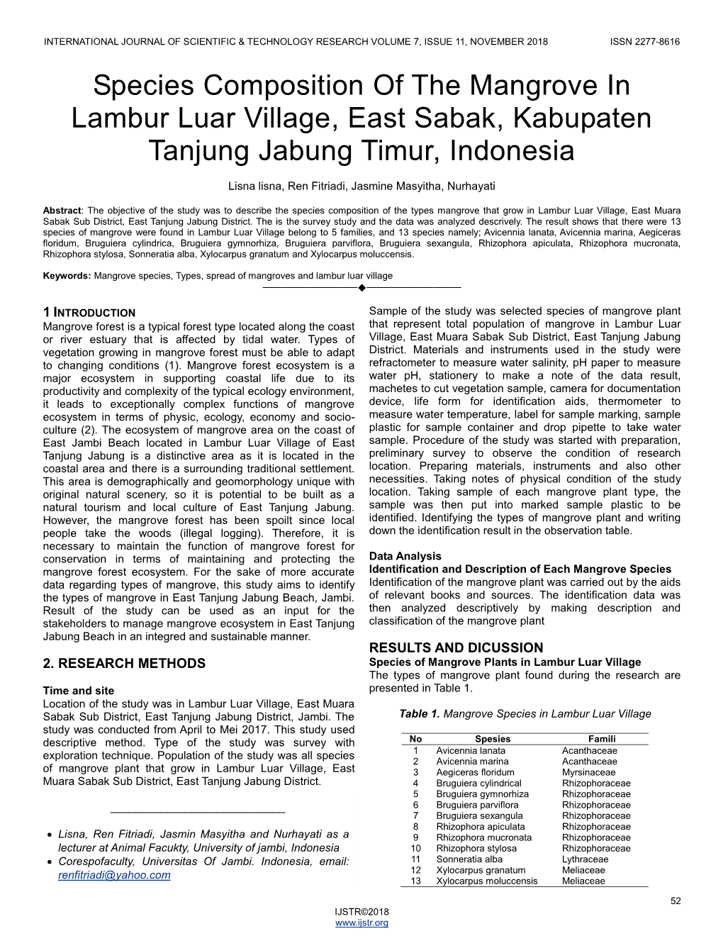 Species Composition of the Mangrove in Lambur Luar Village, East Sabak, Kabupaten Tanjung Jabung Timur, Indonesia