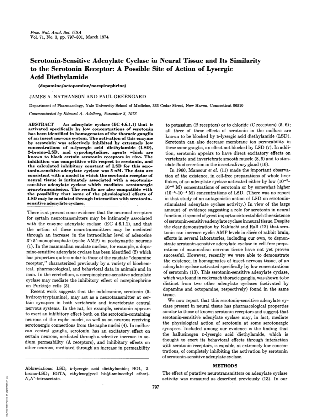 Serotonin-Sensitive Adenylate Cyclase in Neural Tissue and Its