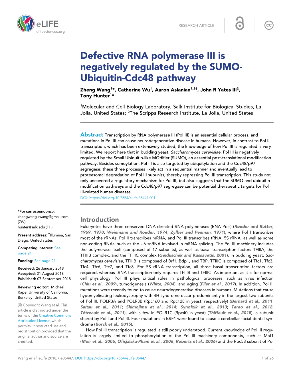 Defective RNA Polymerase III Is Negatively Regulated by the SUMO