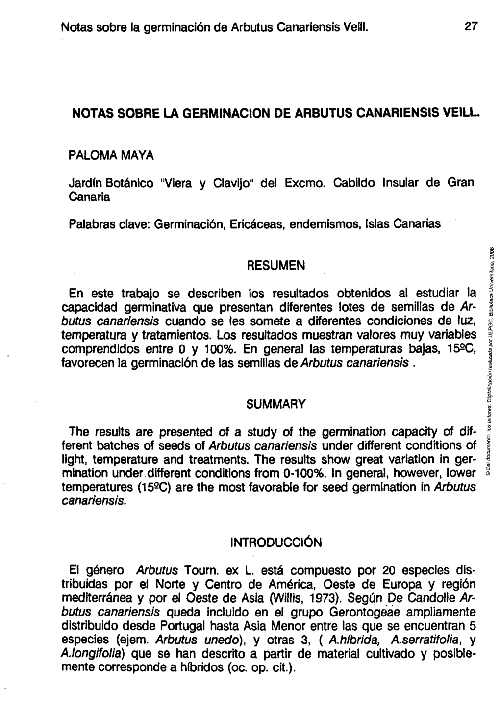 Notas Sobre La Germinación De Arbutus Canariensis Veill