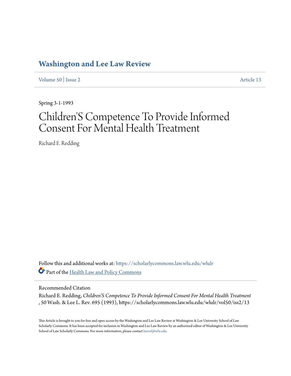 Children's Competence to Provide Informed Consent for Mental Health Treatment Richard E