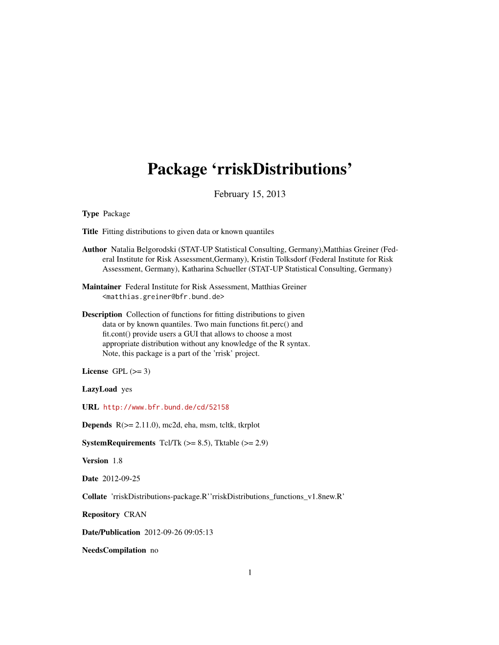 Package 'Rriskdistributions'