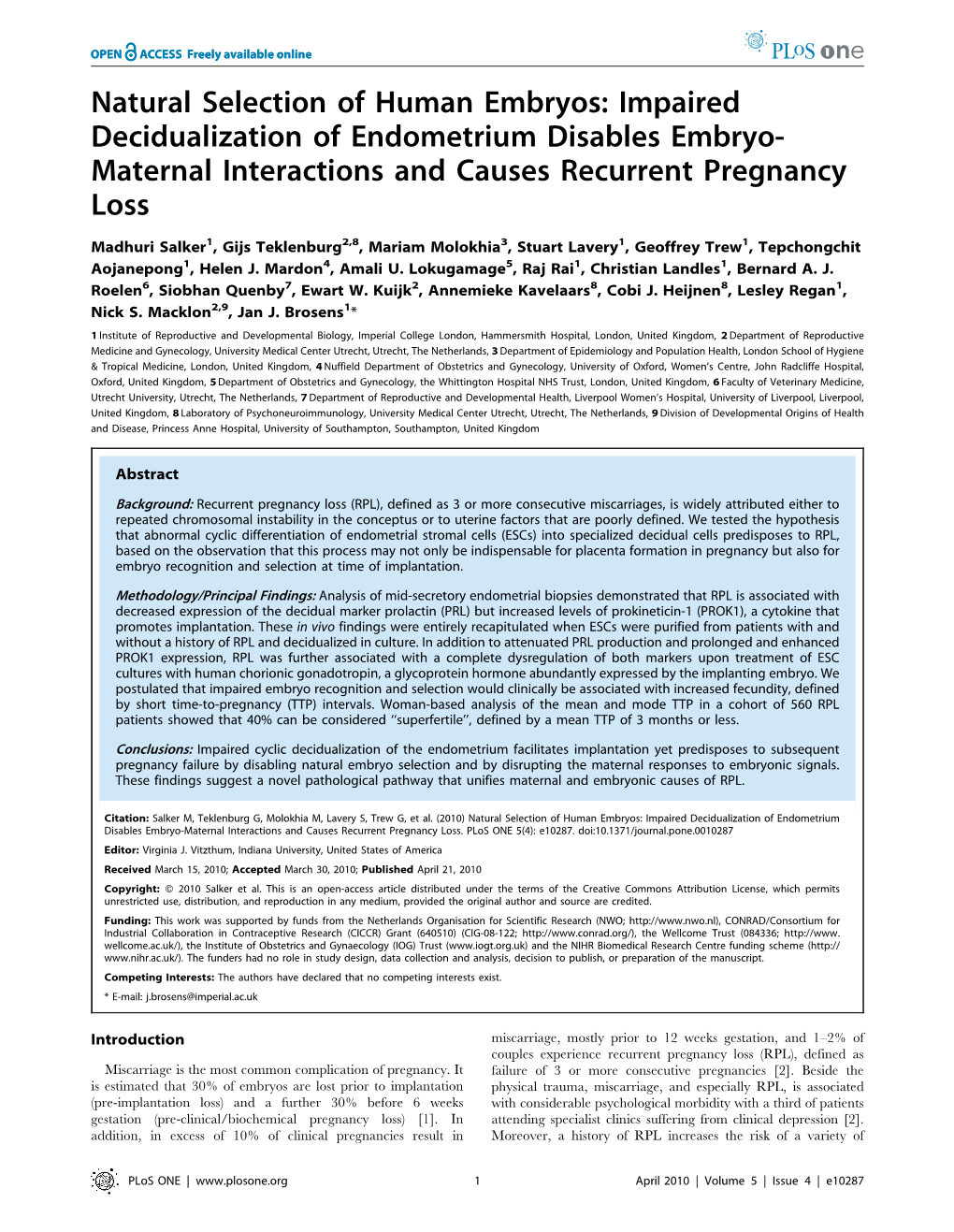 Impaired Decidualization of Endometrium Disables Embryo- Maternal Interactions and Causes Recurrent Pregnancy Loss