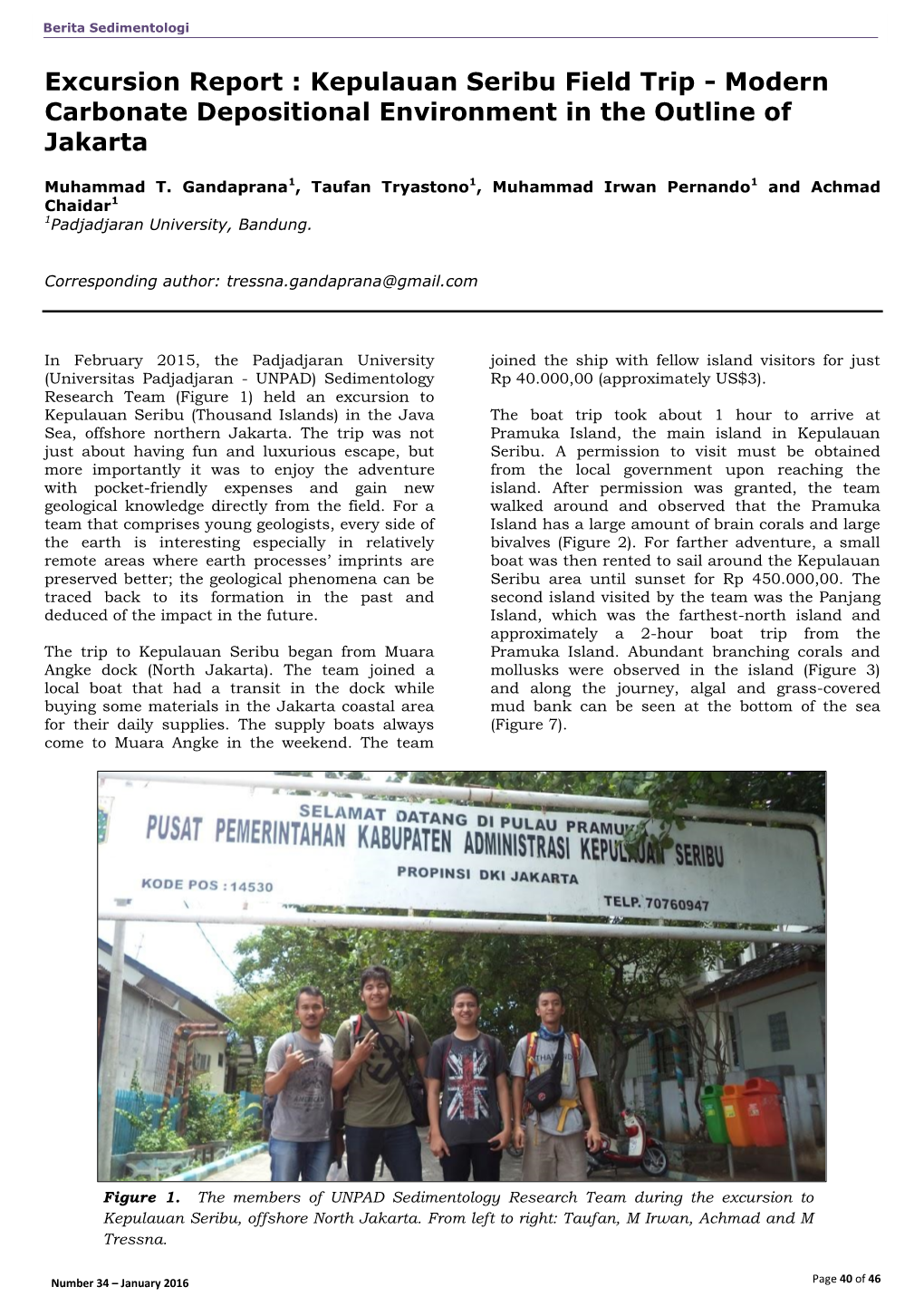 Excursion Report : Kepulauan Seribu Field Trip - Modern Carbonate Depositional Environment in the Outline of Jakarta